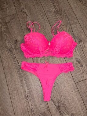 SHEIN Neon Pink Lace Push-Up Bra and Thong Set